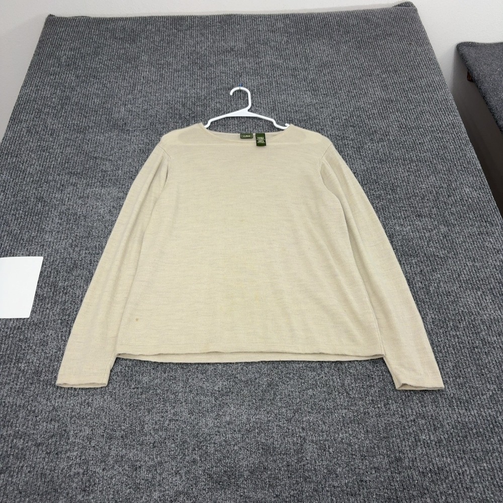 L.L.Bean Sweater Womens LG Beige Merino Wool Crew Neck Classic Minimalist